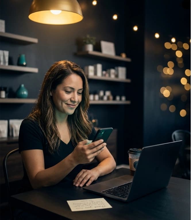 Cliente satisfecha revisando resultados de su pagina web